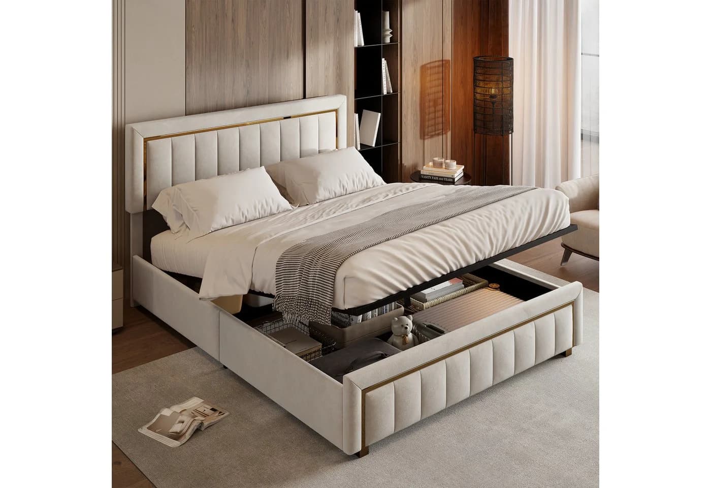 PXloue Stauraumbett Beige Samt mit Lattenrost & Bettkasten - Bild 5