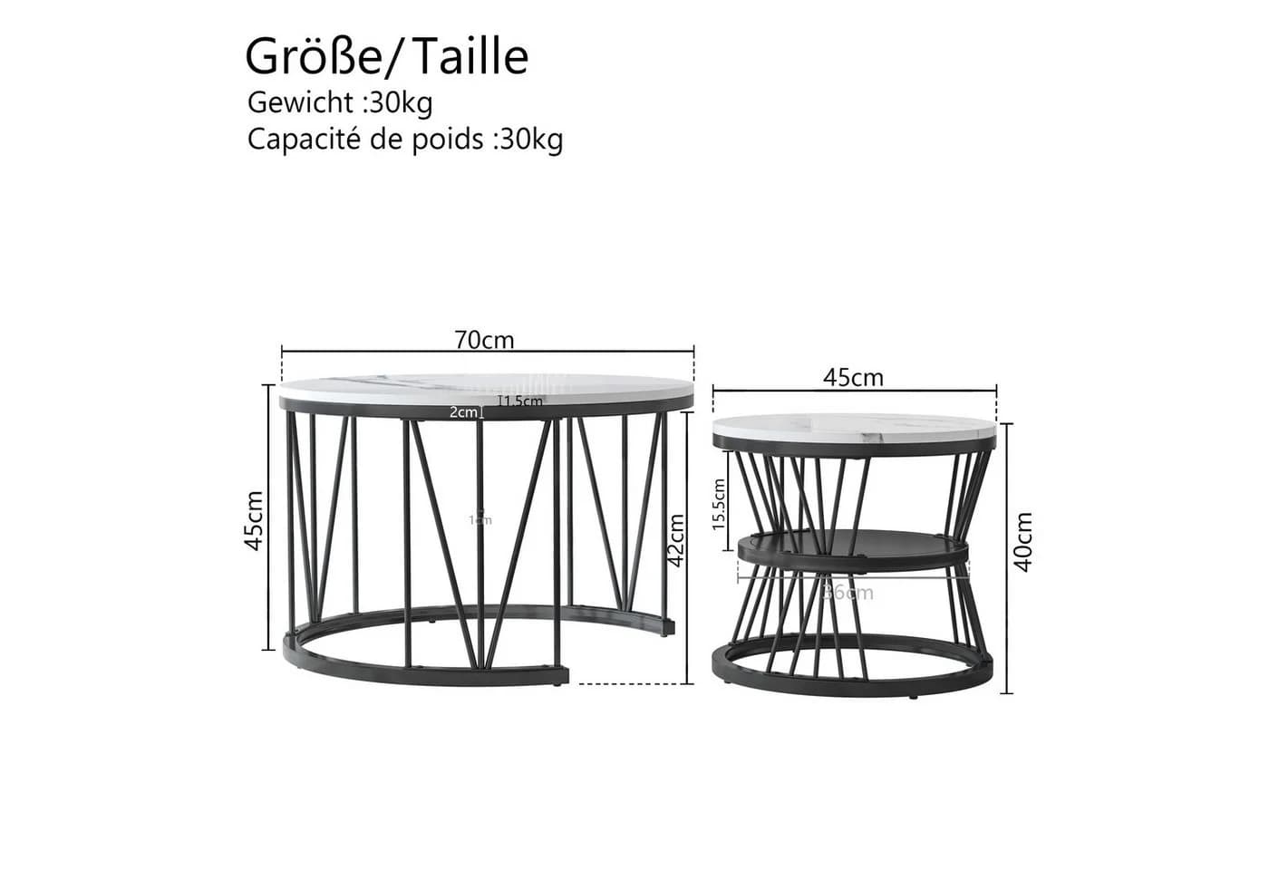 NMCXXO Couchtisch 2er Set Schwarz Metall Marmor-Optik Modern Industrial - Bild 3