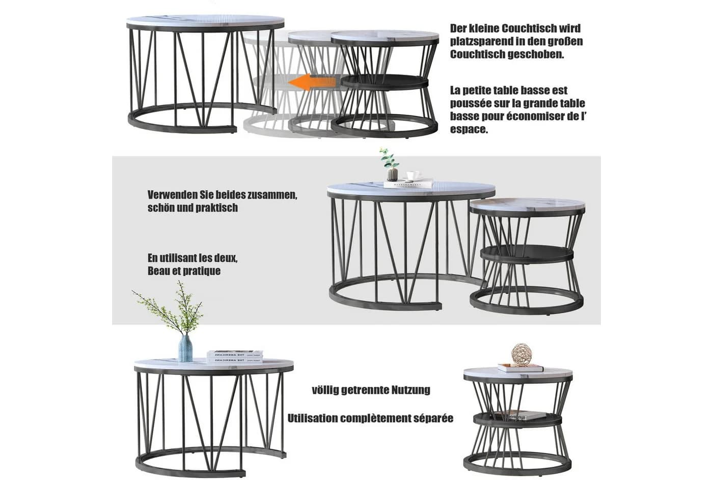 NMCXXO Couchtisch 2er Set Schwarz Metall Marmor-Optik Modern Industrial - Bild 4