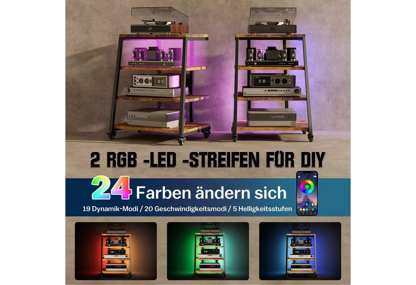 XERSEK TV-Regal HiFi Rack mit Rädern und LED Lichtern - Bild 3