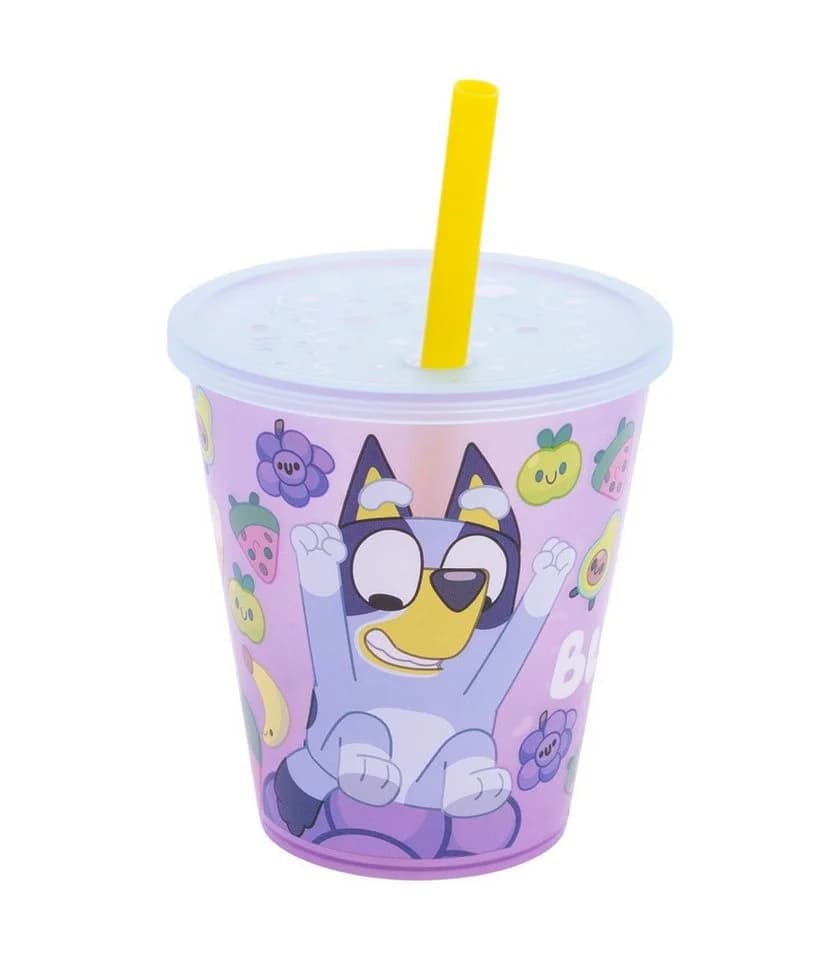 Bluey Kinder Becher Set 4-teilig 285 ml mit Deckel und Trinkhalm