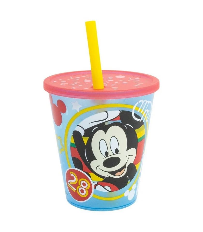Disney Mickey Mouse Kinder Becher Set 4-tlg. 285 ml mit Deckel & Trinkhalm