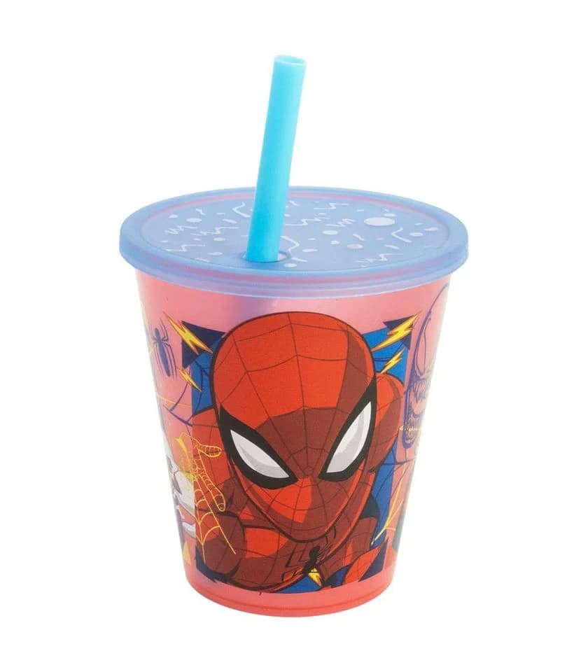 Spiderman Kinder Becher Set 4-teilig 285 ml mit Deckel und Trinkhalm