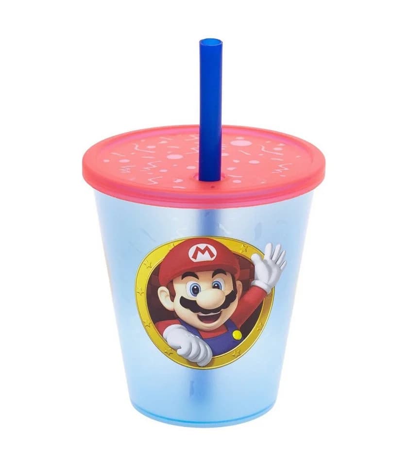 Super Mario Kinder Becher Set 4-teilig 285 ml mit Deckel und Trinkhalm
