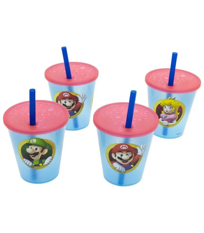 Super Mario Kinder Becher Set 4-teilig 285 ml mit Deckel und Trinkhalm - Bild 2