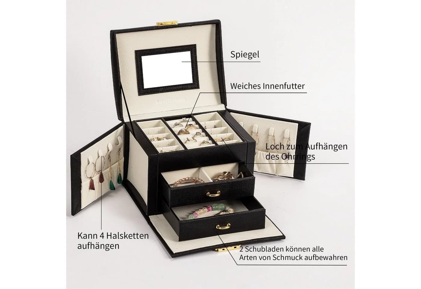 AdelDream Mini-Schmuckkästchen 3 Ebenen 2 Schubladen 3 Farben