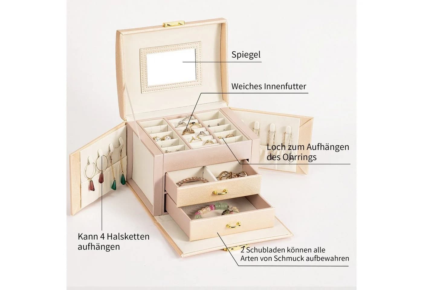 AdelDream Mini-Schmuckkästchen 3 Ebenen 2 Schubladen Rosa - Bild 1