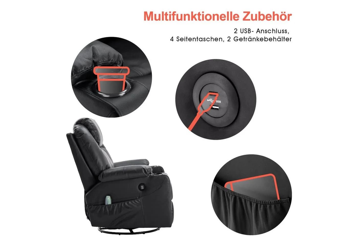 MCombo Relaxsessel 7050 mit Massage, Heizung & 360° Drehfunktion - Schwarz - Bild 4