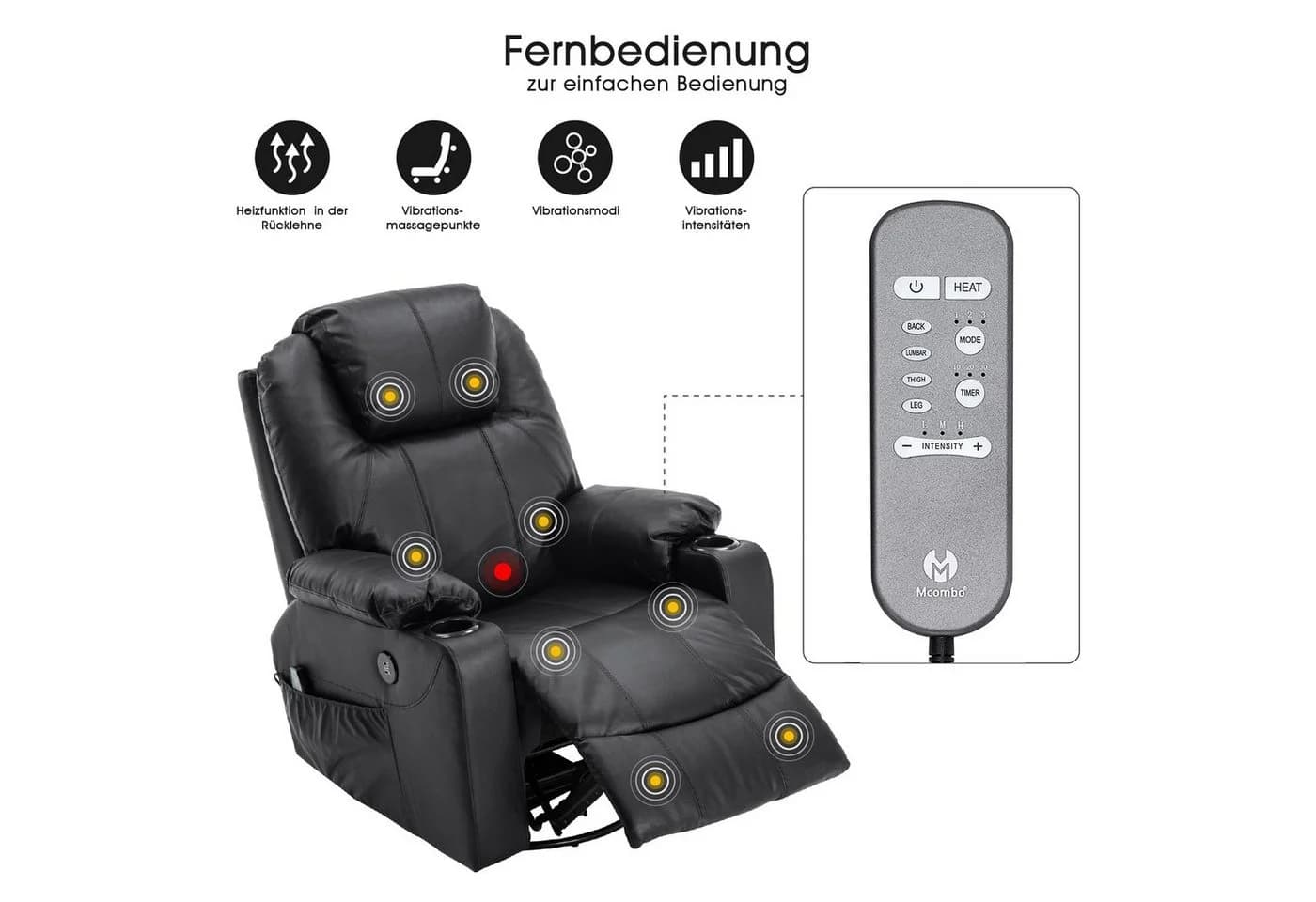 MCombo Relaxsessel 7050 mit Massage, Heizung & 360° Drehfunktion - Schwarz - Bild 5