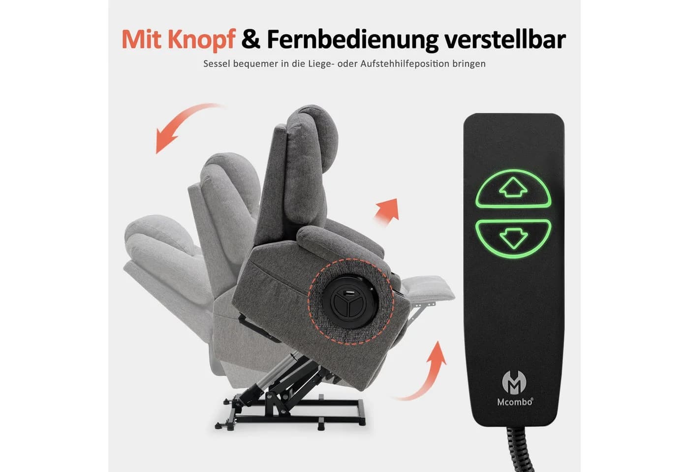MCombo Elektrischer Relaxsessel 7040 mit Aufstehhilfe und Relaxfunktion Grau - Bild 3