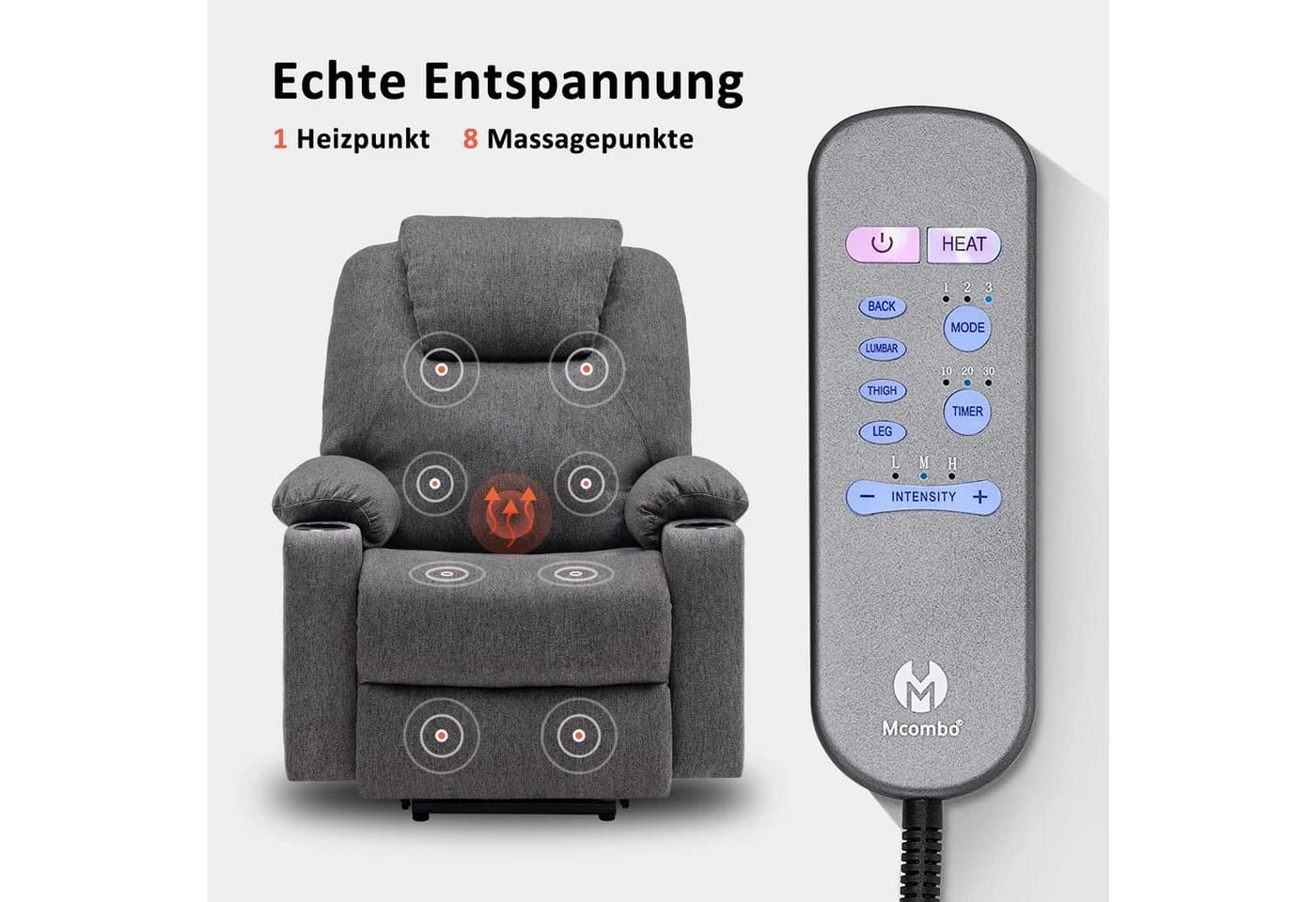 MCombo Elektrischer Relaxsessel 7040 mit Aufstehhilfe und Relaxfunktion Grau - Bild 4