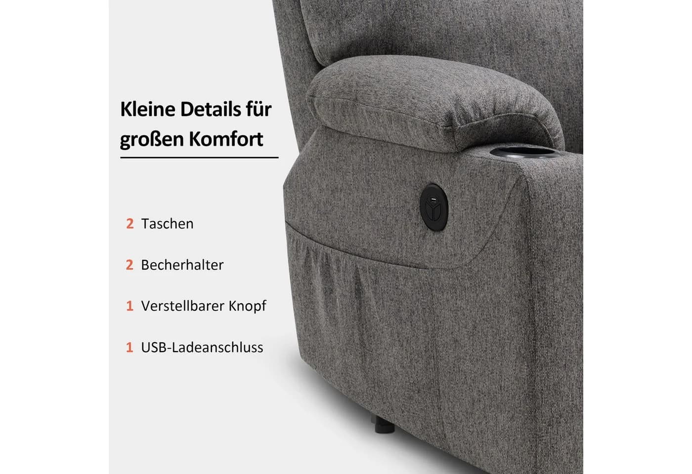 MCombo Elektrischer Relaxsessel 7040 mit Aufstehhilfe und Relaxfunktion Grau - Bild 5