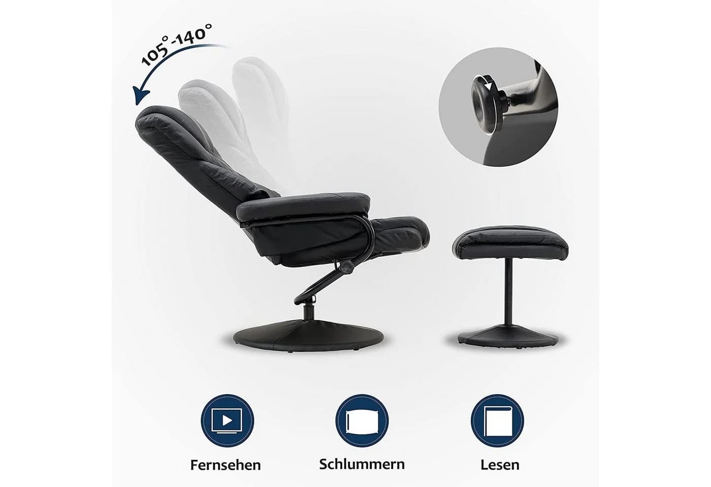 MCombo TV-Sessel 9022 Schwarz mit Hocker 360° drehbar Relaxsessel