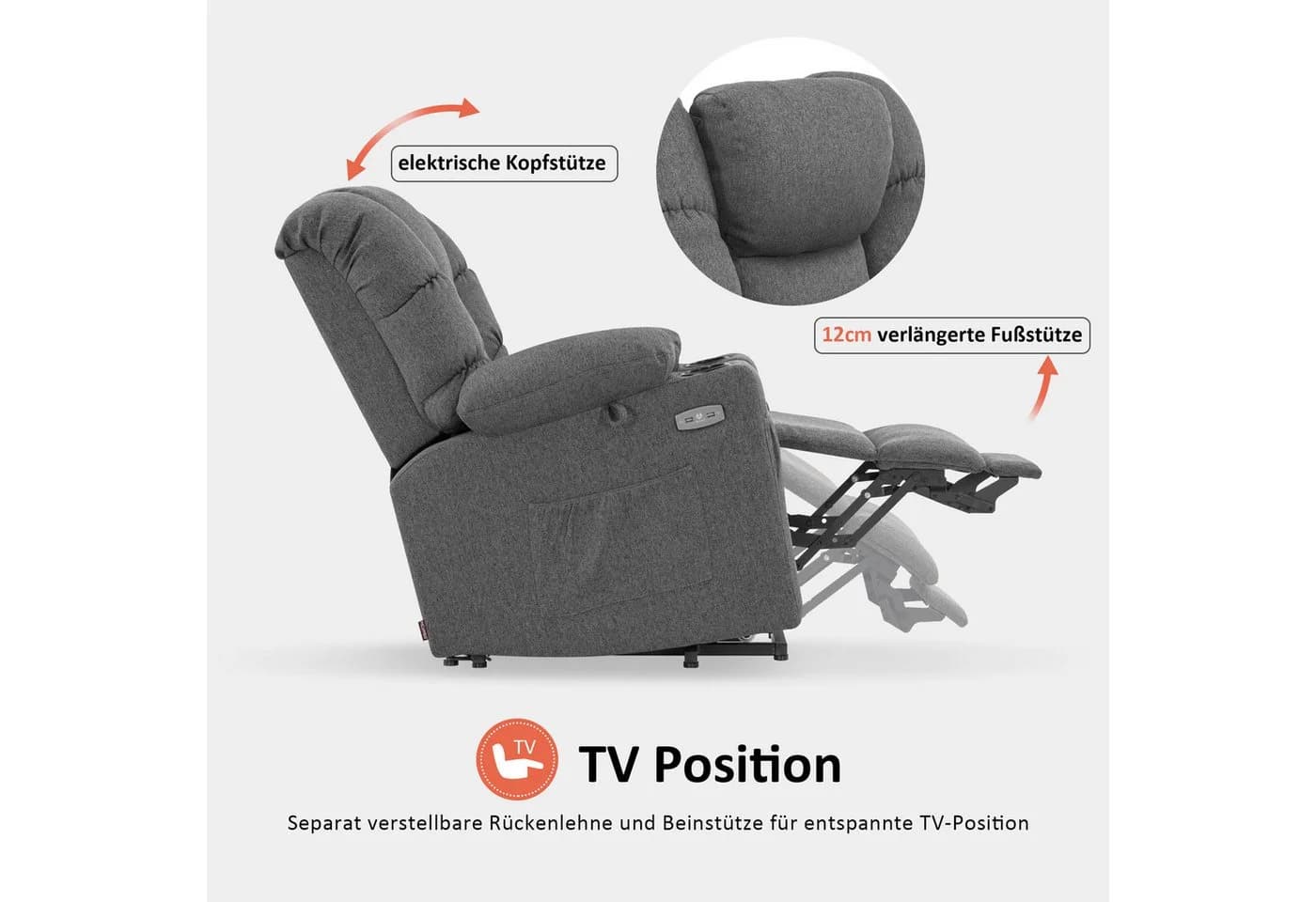 MCombo Relaxsessel Elektrische Aufstehhilfe Grau - Bild 4