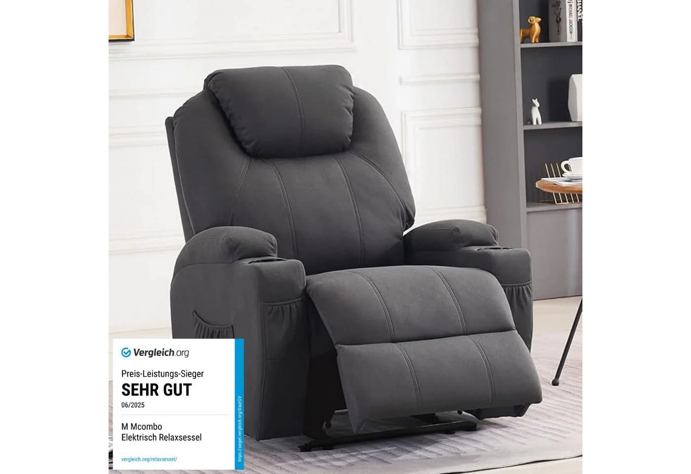 MCombo Elektrischer Relaxsessel mit Massagefunktion Grau Mikrofaser - Bild 3