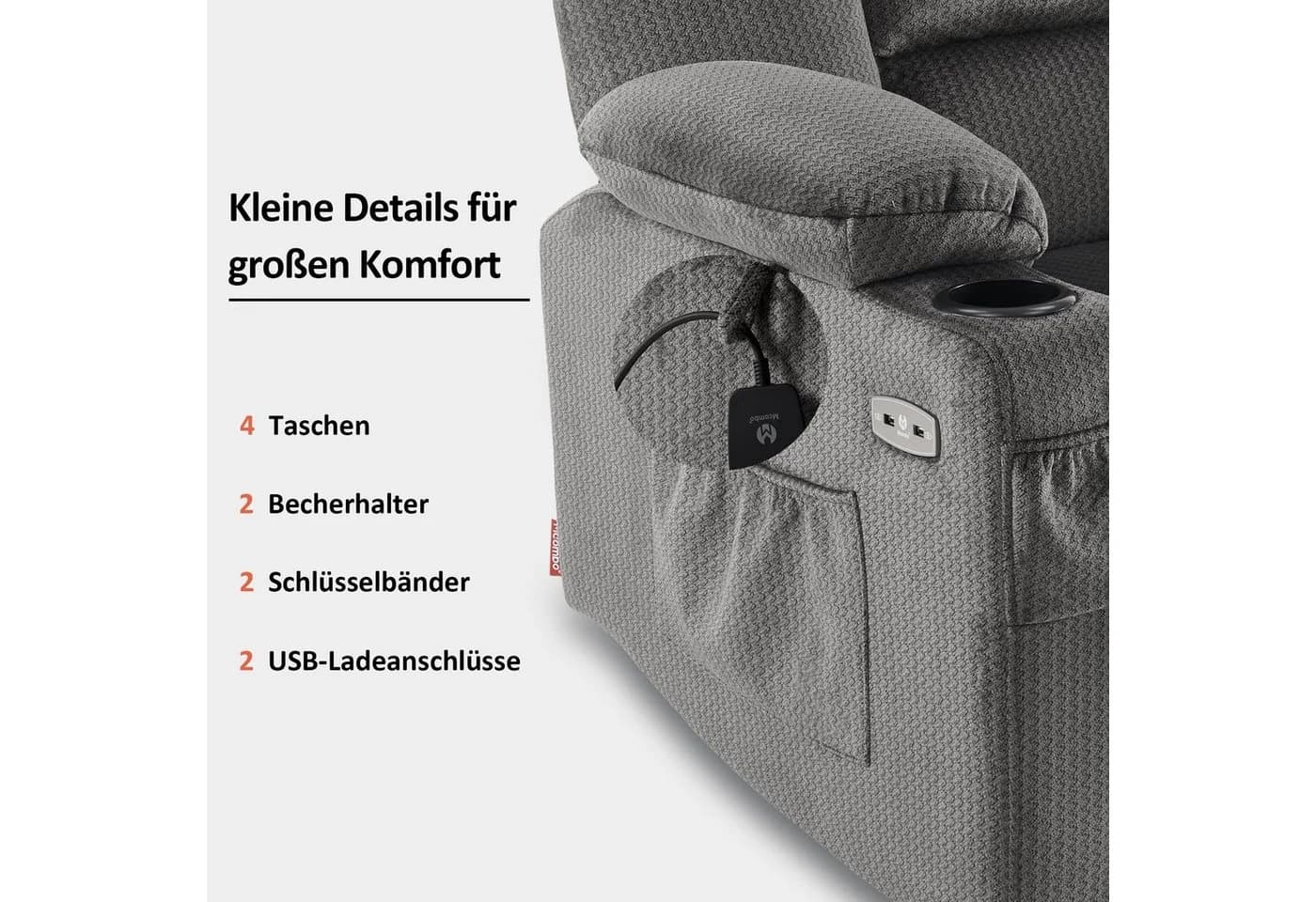 MCombo Relaxsessel M Elektrisch Verstellbar Grau Stoff - Bild 5