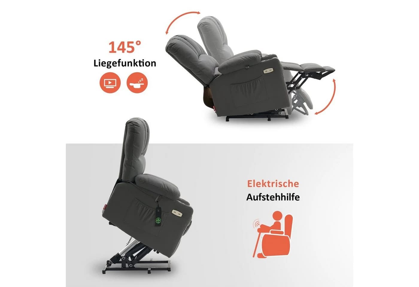 MCombo Relaxsessel M mit Aufstehhilfe & Liegefunktion 7102, Grau