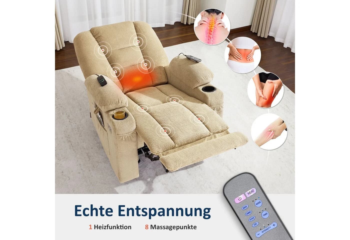 MCombo Relaxsessel Elektrisch Verstellbar mit Massagefunktion Grau/Beige - Bild 5