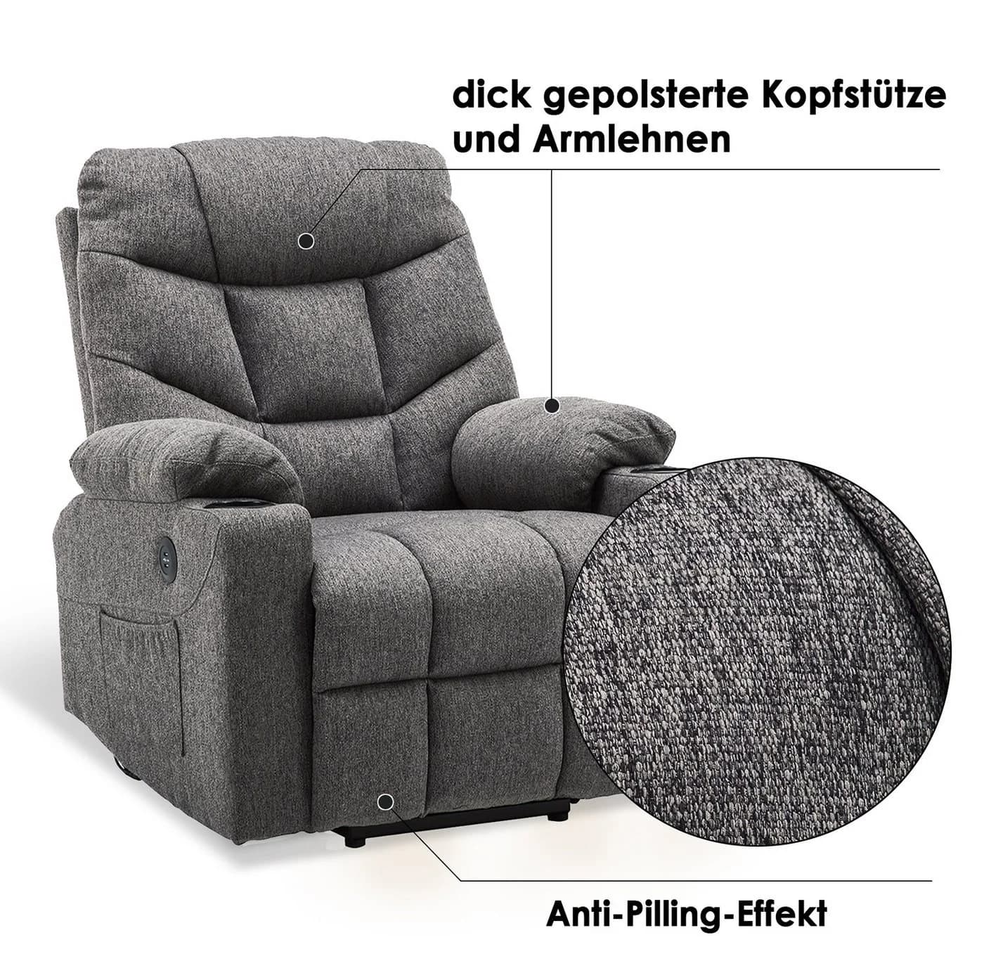 MCombo Elektrischer Relaxsessel mit Aufstehhilfe Grau/Stoff - Bild 3