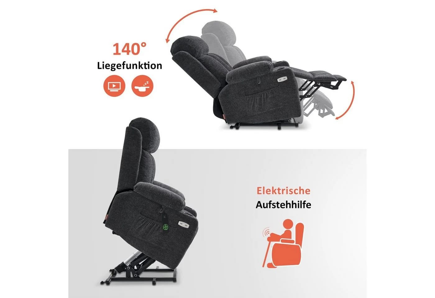 MCombo Elektrischer Relaxsessel mit Aufstehhilfe, Schwarz, Leder - Bild 3