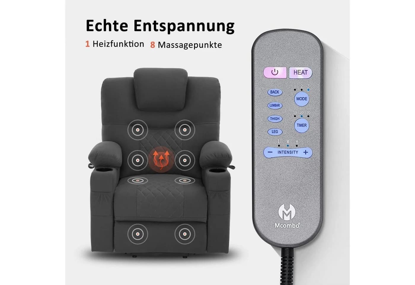 MCombo Elektrischer Relaxsessel mit Aufstehhilfe 2 Motoren Grau - Bild 4