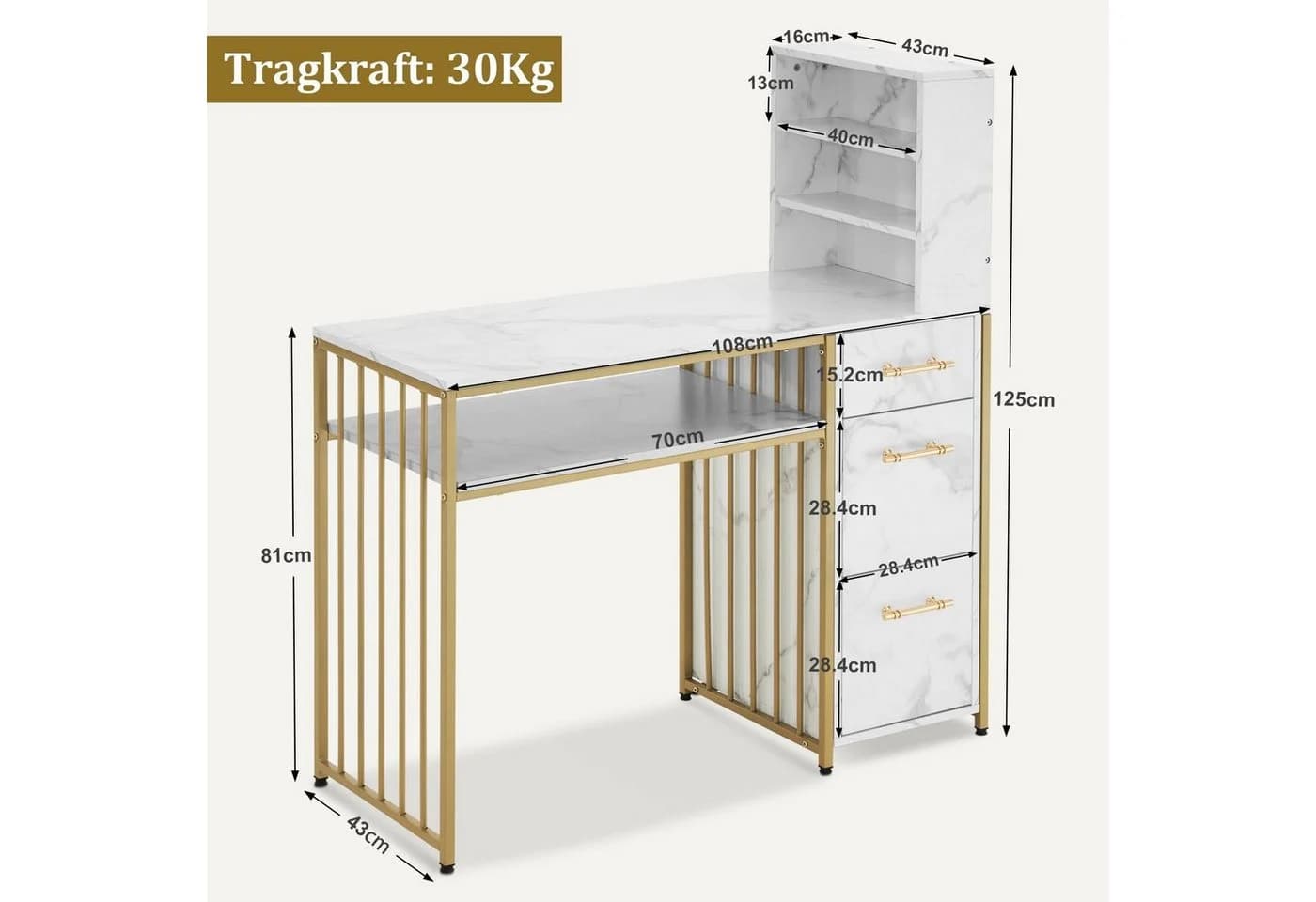 MCombo Schreibtisch M mit 3 Schubladen und Regal - Weiß/Gold - Bild 3