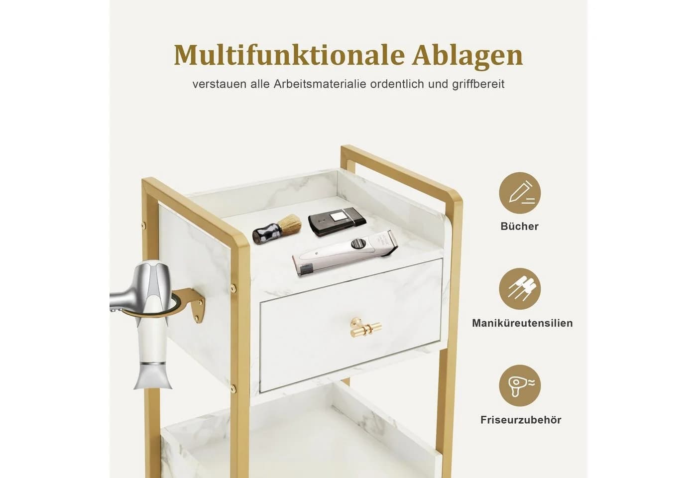 MCombo Servierwagen mit Rollen 3 Schubladen Weiß-Gold Marmor-Optik - Bild 5