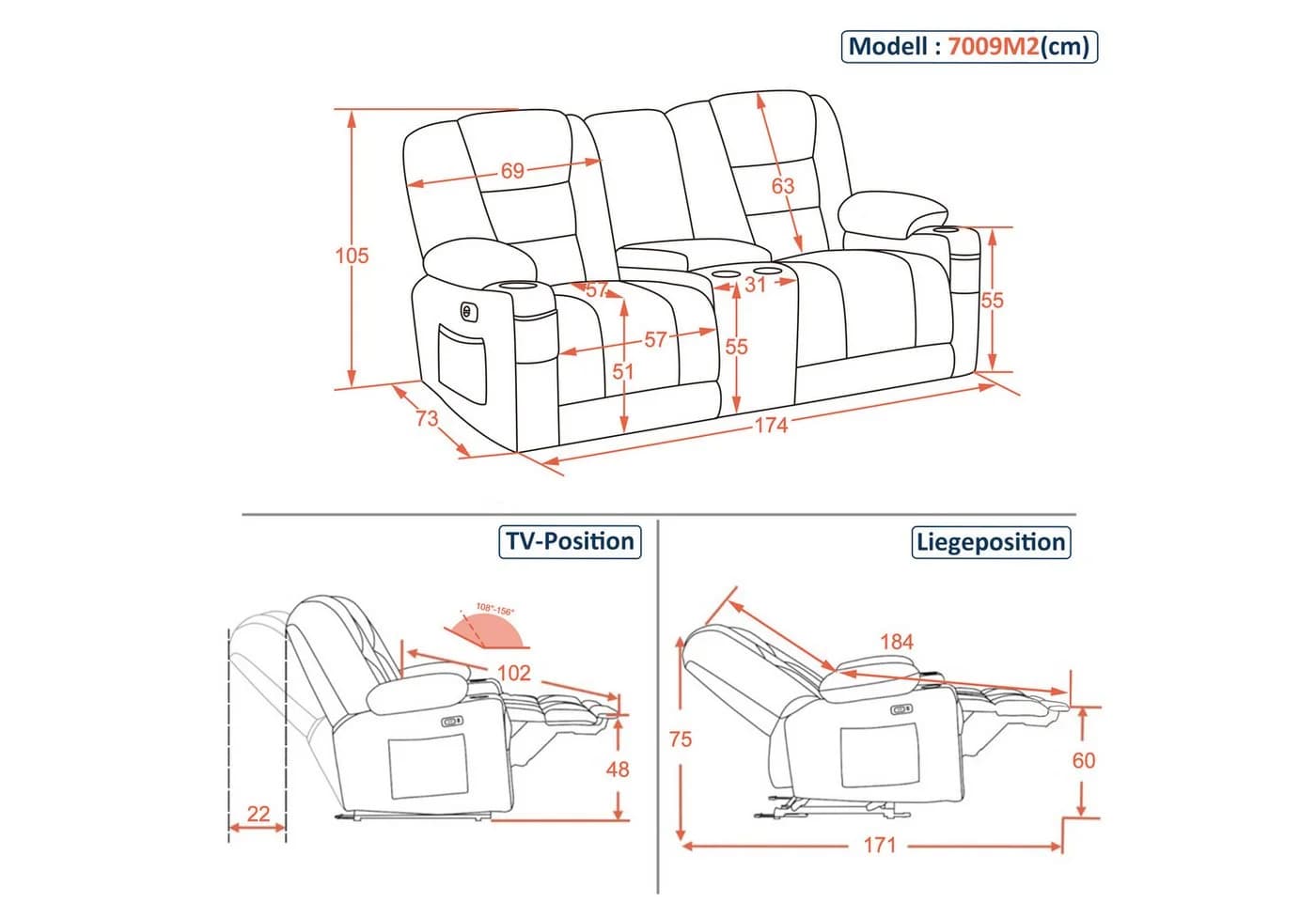 MCombo Relaxsofa 2-3 Sitzer Grau Elektrisch Verstellbar - Bild 3