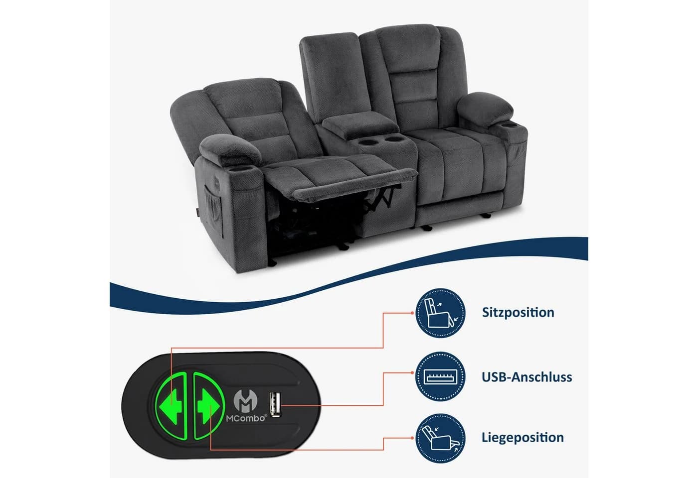 MCombo Relaxsofa 2-3 Sitzer Grau Elektrisch Verstellbar - Bild 5