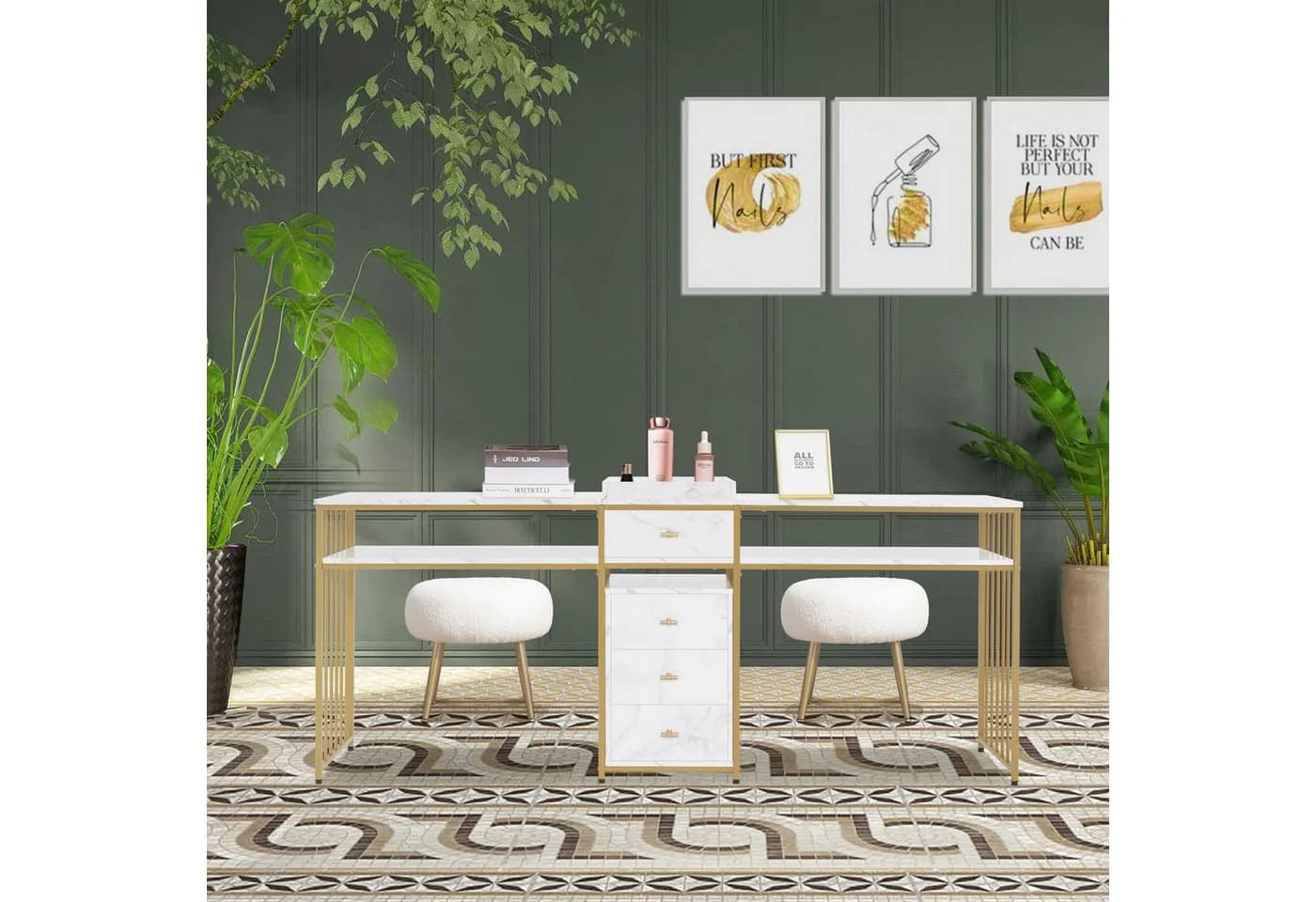MCombo Schminktisch mit Schubladen Gold-Marmor Metallgestell