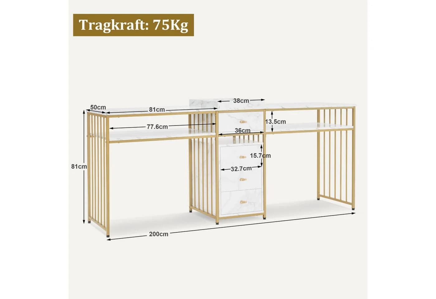 MCombo Schminktisch mit Schubladen Gold-Marmor Metallgestell - Bild 3
