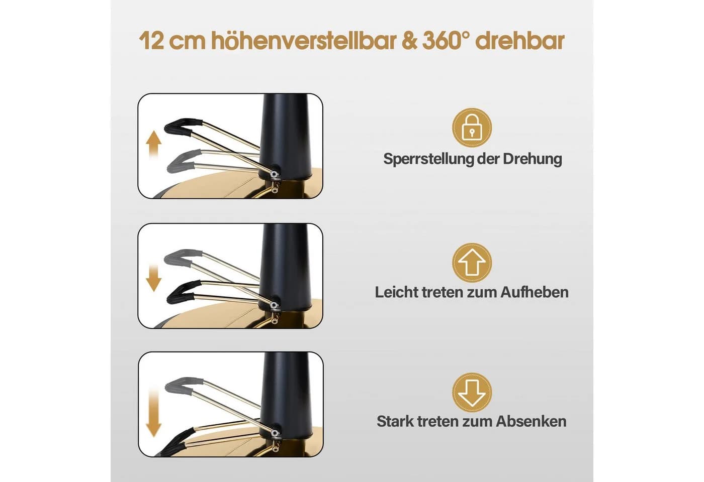 Barberpub Friseurstuhl Gold-Schwarz Kippbar Höhenverstellbar Drehbar - Bild 5