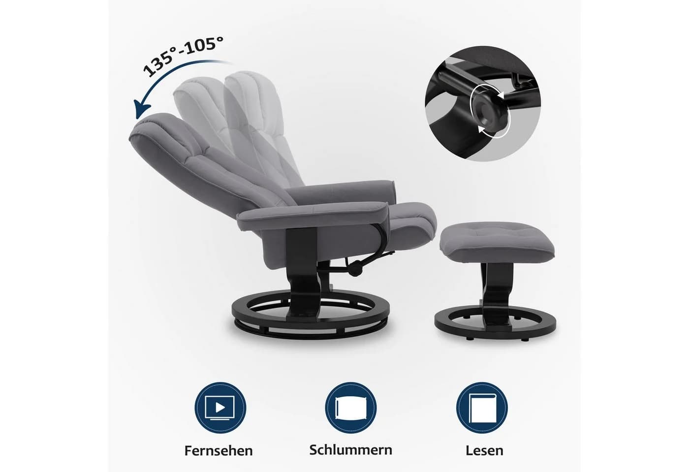 MCombo Relaxsessel mit Hocker Grau Mikrofaser Relaxfunktion - Bild 4