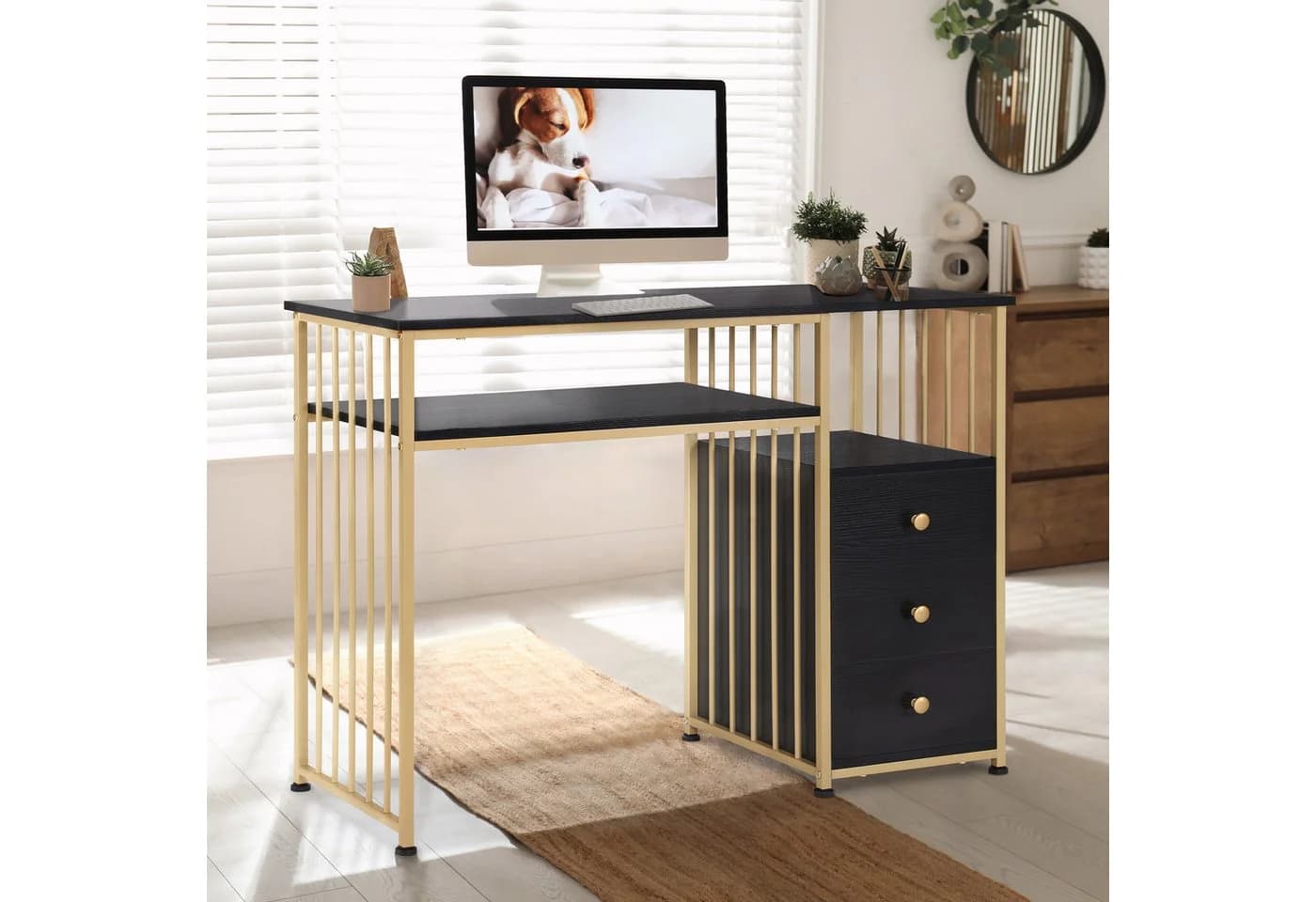 MCombo Schminktisch mit Schubladen Gold-Marmor Schwarz-Gold Metallgestell