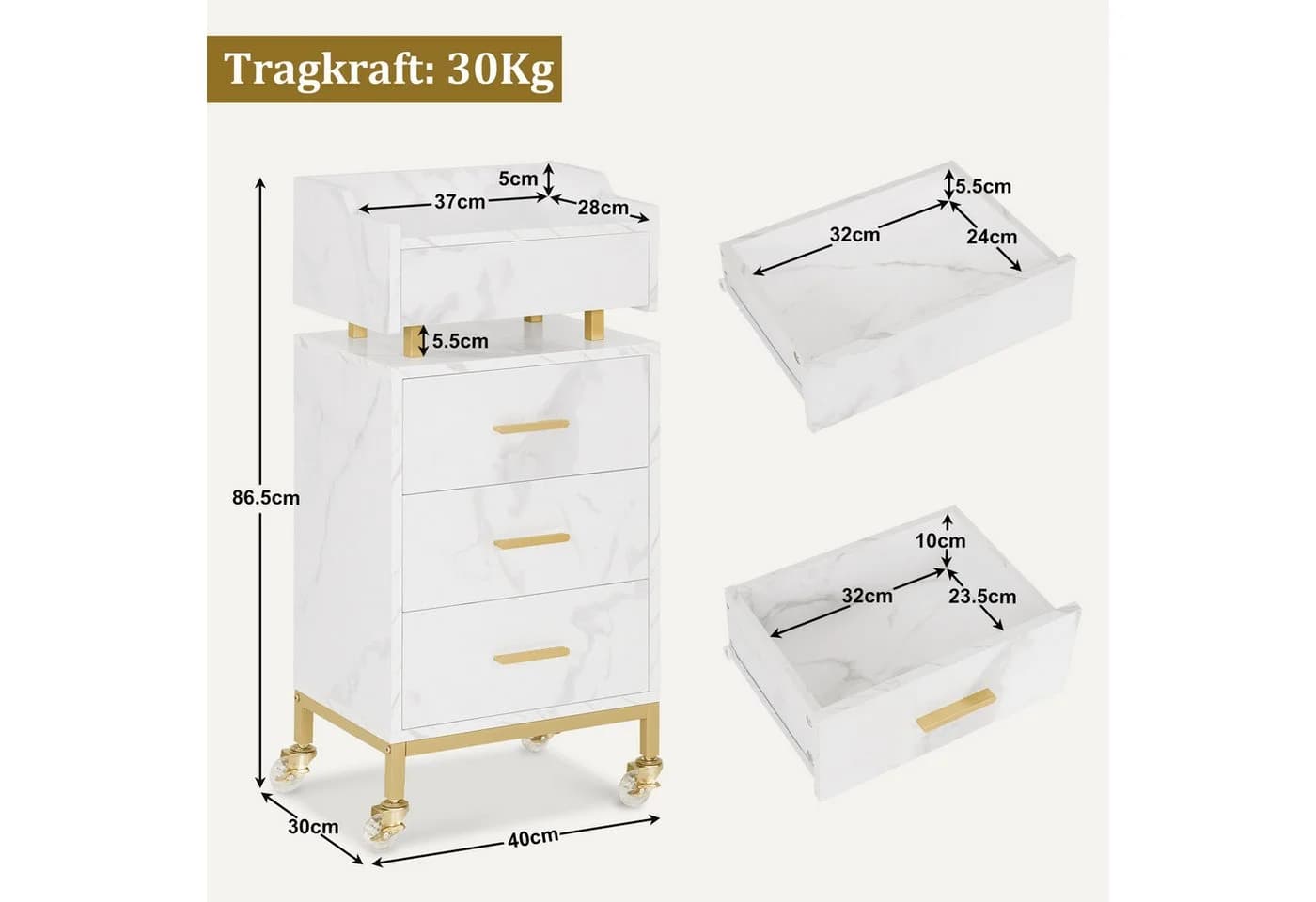 MCombo Servierwagen Weiß-Gold mit 4 Schubladen & Rollen - Bild 3