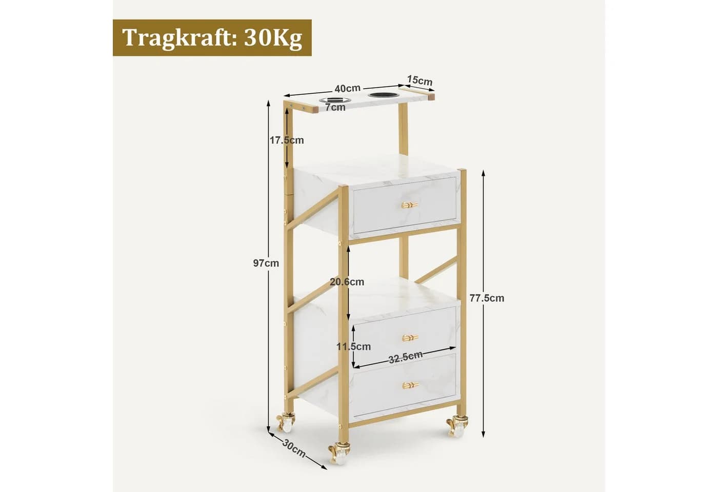 MCombo Servierwagen Weiß-Gold mit 3 Schubladen & Rollen - Bild 4