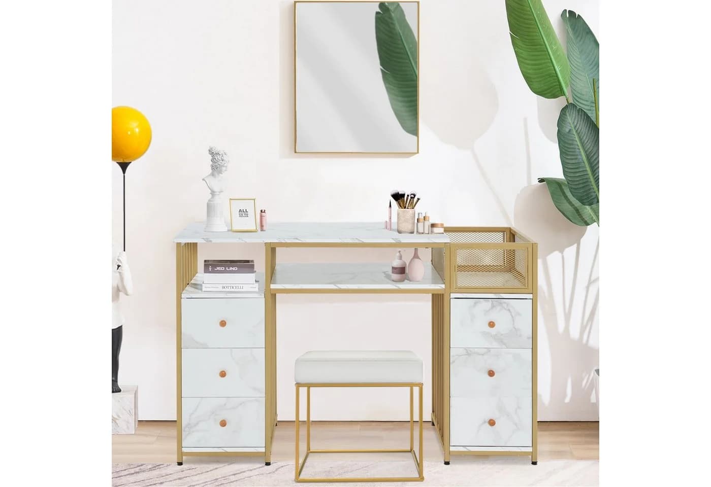 MCombo Schreibtisch mit 6 Schubladen Weiß/Gold Modern
