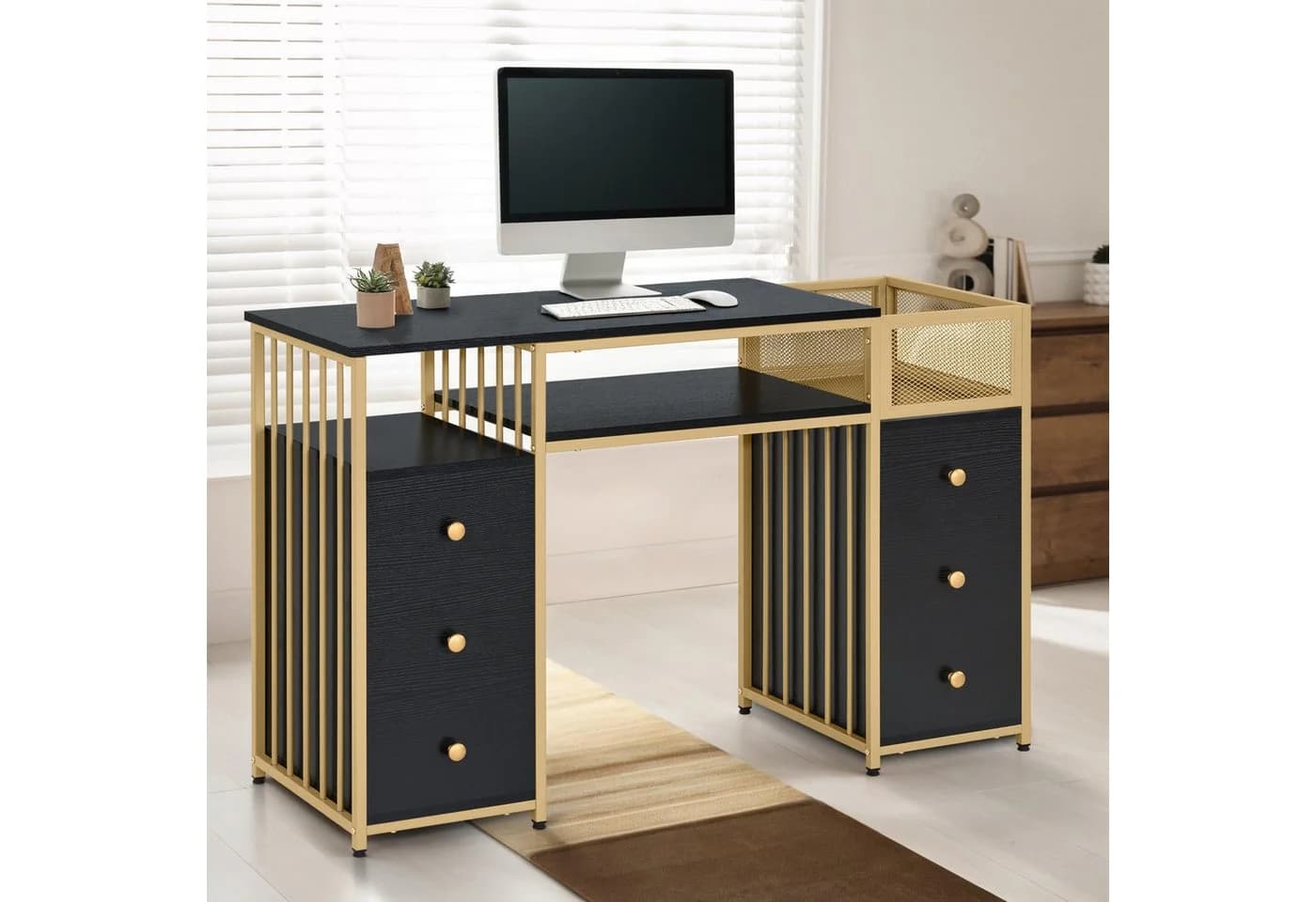 MCombo Schreibtisch M mit 6 Schubladen, Manikürtisch, Schminktisch Schwarz-Gold