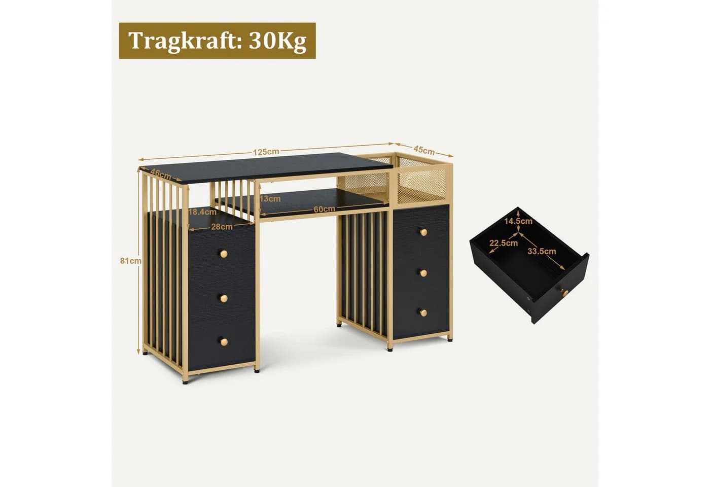 MCombo Schreibtisch M mit 6 Schubladen, Manikürtisch, Schminktisch Schwarz-Gold - Bild 3