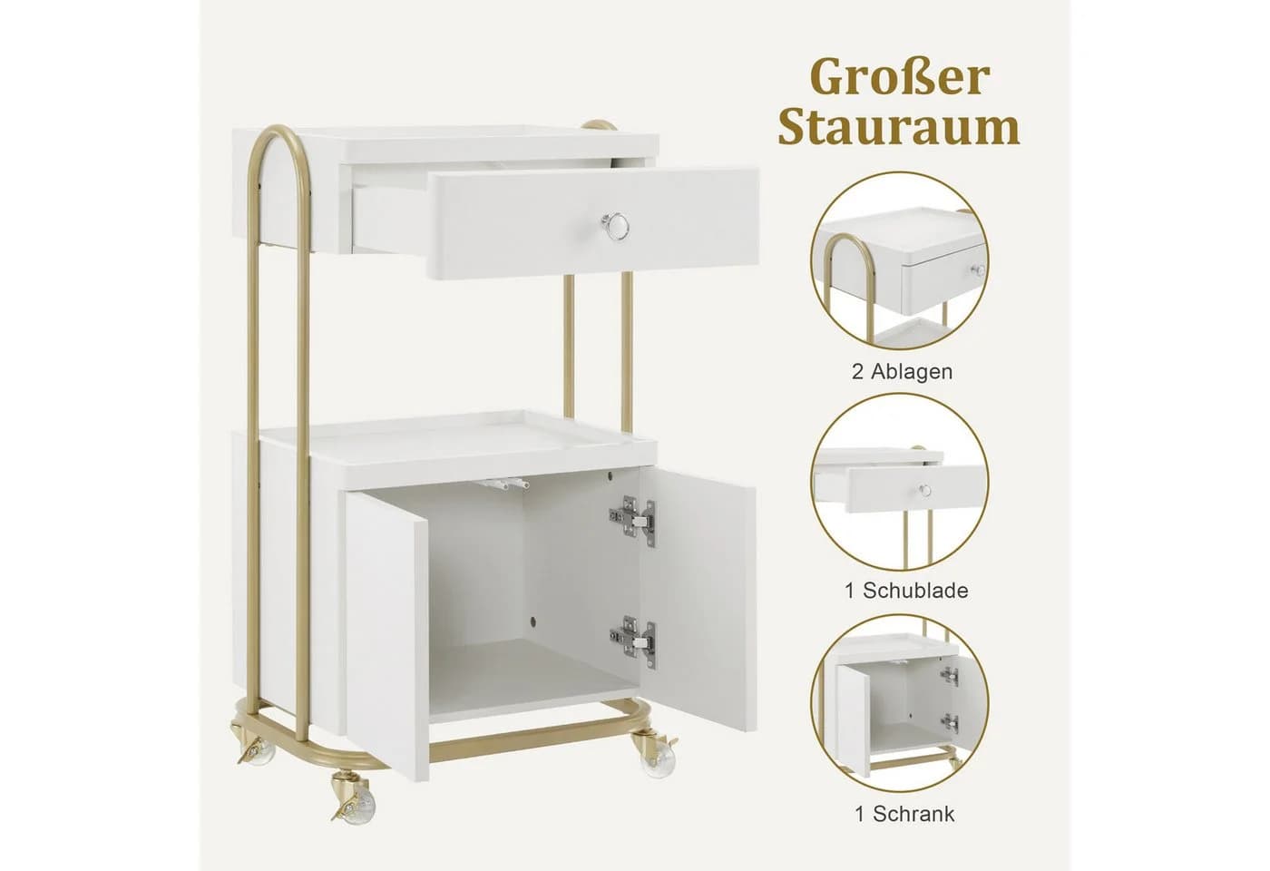 MCombo Servierwagen Weiß-Gold mit Rollen, Schubladen & Schrank - Bild 4