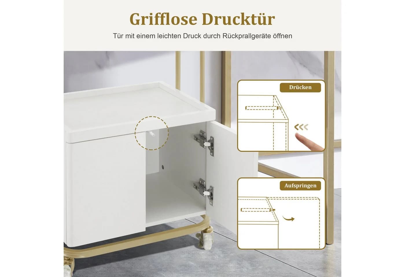 MCombo Servierwagen Weiß-Gold mit Rollen, Schubladen & Schrank - Bild 5