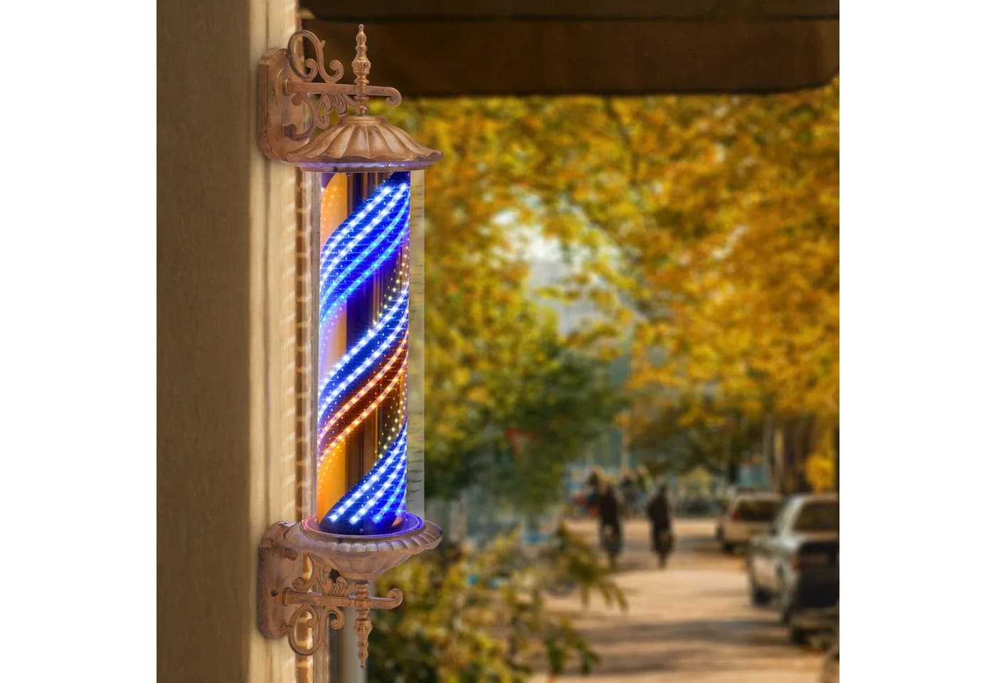 Barberpub Außen-Wandleuchte Barber Pole Retro Blau-Gold-Weiß LED