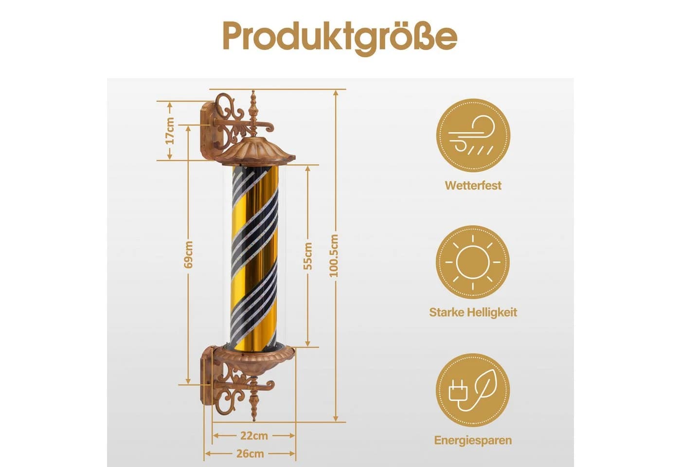 Barberpub Außen-Wandleuchte Barber Pole Retro Blau-Gold-Weiß LED - Bild 5