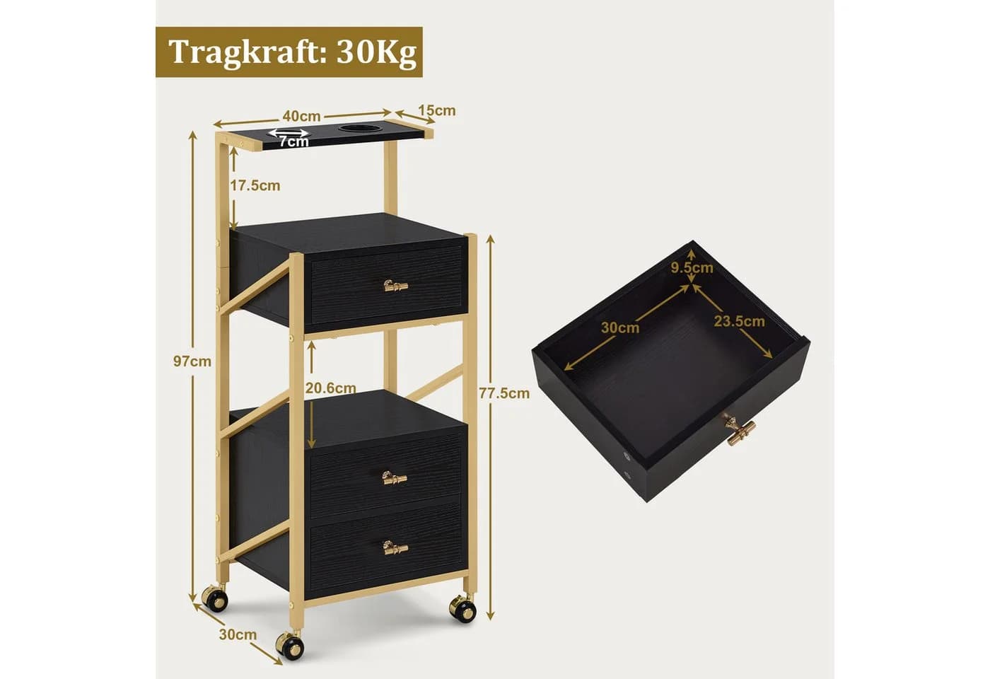 MCombo Servierwagen mit 3 Schubladen, Rollen, Föhnhalter, Weiß-Gold - Bild 3