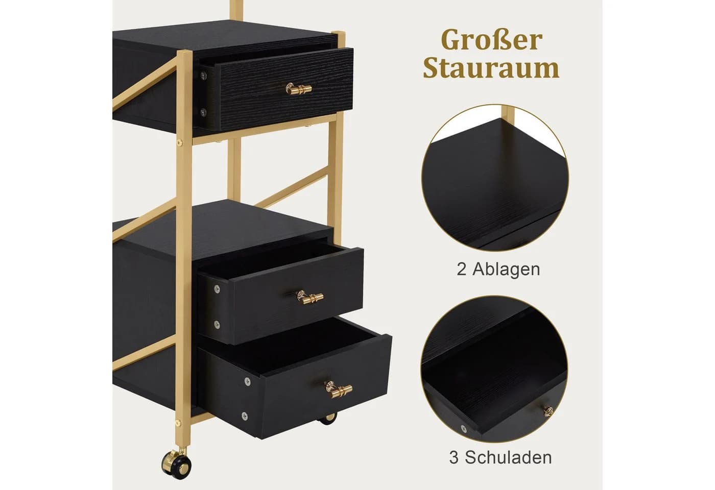 MCombo Servierwagen mit 3 Schubladen, Rollen, Föhnhalter, Weiß-Gold - Bild 4