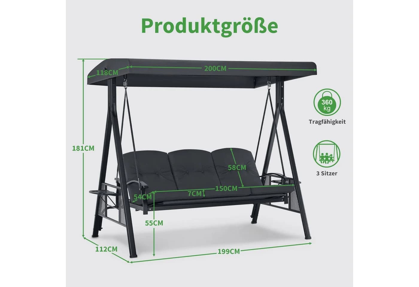 MCombo 3-Sitzer Hollywoodschaukel Dunkelgrau mit Liegefunktion - Bild 3