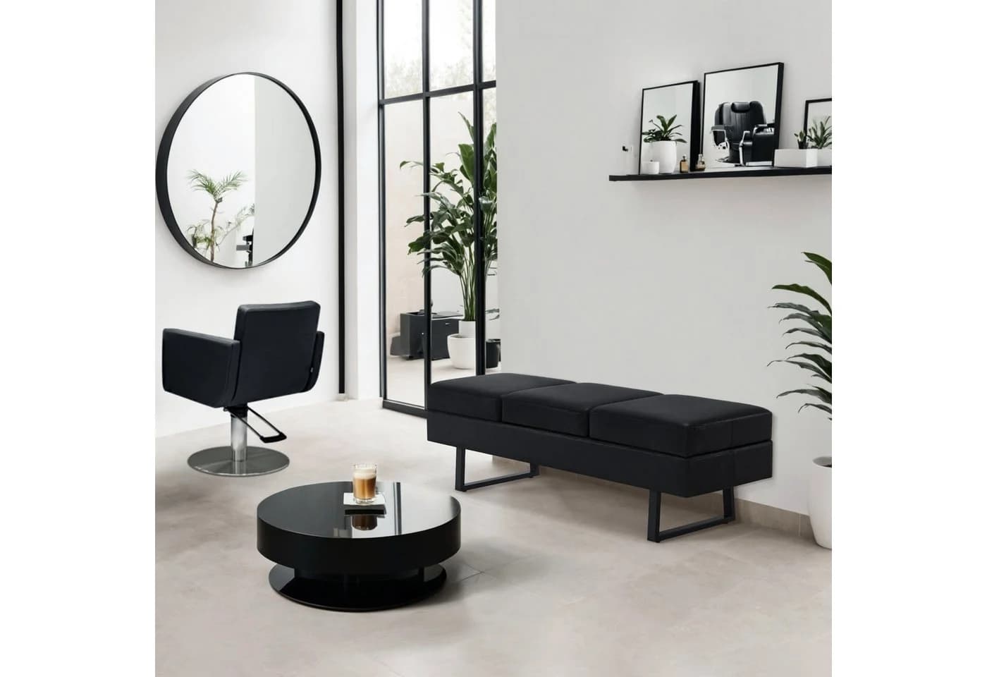 BarberPub 3-Sitzer Sitzbank Schwarz Kunstleder Wartebank