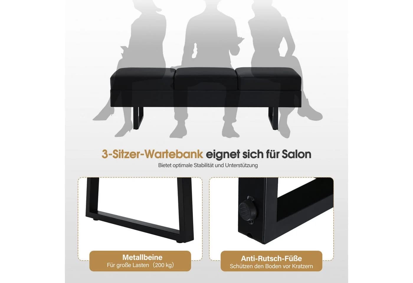 BarberPub 3-Sitzer Sitzbank Schwarz Kunstleder Wartebank - Bild 4