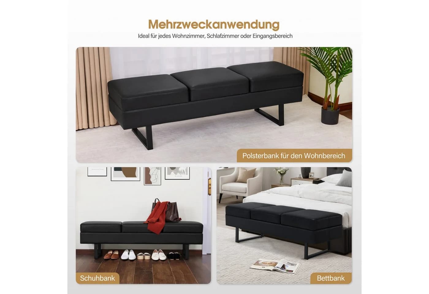BarberPub 3-Sitzer Sitzbank Schwarz Kunstleder Wartebank - Bild 5