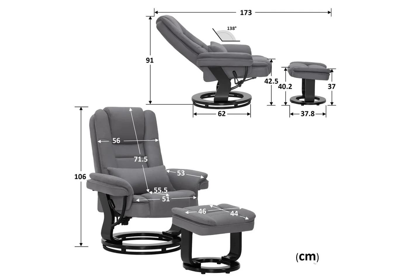 MCombo Relaxsessel 9099 Grau 360° Drehbar mit Hocker Relaxfunktion - Bild 3